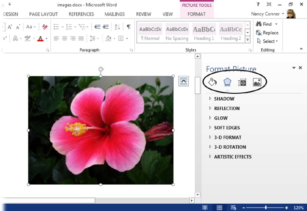 The Format Picture pane makes it easy to make multiple tweaks to an image, all at once. Use the buttons across the top (circled) to select the kind of formatting you want to do, and then choose specific settings below that.