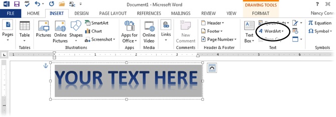 The WordArt button (circled) is in the Insert tab’s Text section. After you choose a WordArt style, Word inserts a text box with placeholder text in that style. Start typing to replace that with your own text. You can adjust the size of the text box by clicking and dragging any of its handles.