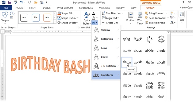 There are dozens of options for adding effects to your WordArt text. Transform effects bend words into circles, waves, arcs, and other shapes.