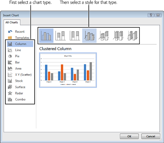 Word (and the other programs in the Office suite) comes with many built-in chart styles. Select a type of chart on the left to see available styles for that type.