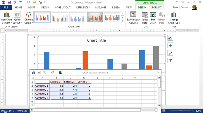 When you insert a chart into Word, you store its data in Excel.