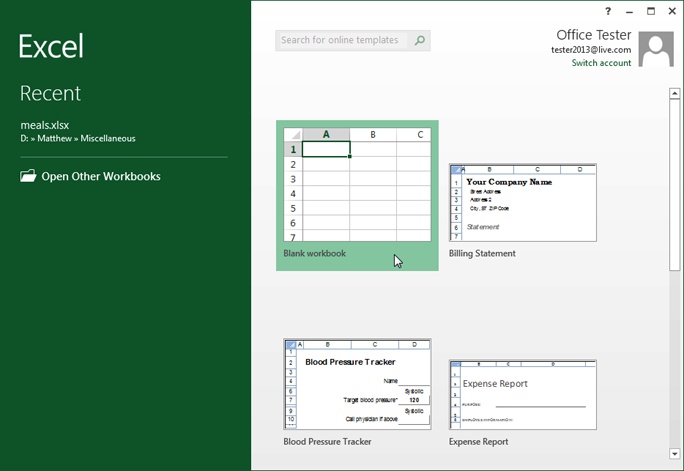 Excel’s welcome page lets you create a new, blank worksheet or a ready-made workbook from a template. For now, click the “Blank workbook” picture to create a new spreadsheet with no formatting or data.