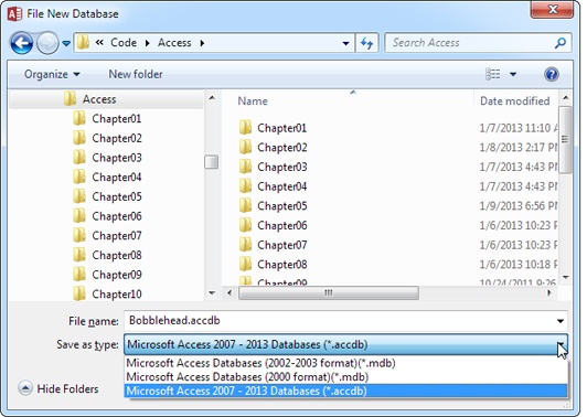 The File New Database window lets you choose where you’ll store a new Access database file. It also gives you the option to create your database in the format used by older versions of Access (.mdb), instead of the more modern format used by Access 2007, Access 2010, and Access 2013 (.accdb). To change the format, simply choose the corresponding Access version from the “Save as type” list, as shown here.