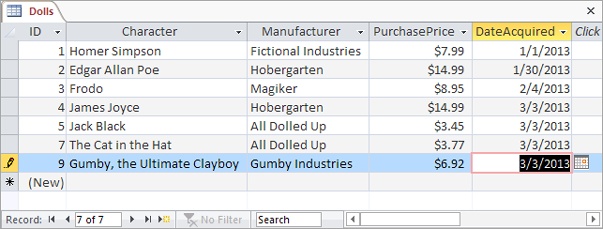 An Access user has been on an eBay buying binge and needs to add several doll records. With a quick Ctrl+” keystroke, you can copy the date from the previous record into the DateAcquired field of the new record.