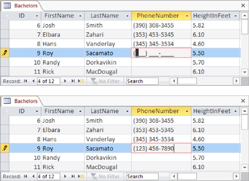 Top: Here’s a PhoneNumber field with a mask that’s ready to go. So far, the person entering the record hasn’t typed anything. The PhoneNumber field automatically starts out with this placeholder text.Bottom: The mask formats the numbers as you type. If you type 1234567890 into this phone number mask, you see the text (123) 456-7890. Behind the scenes, the databases stores 1234567890, but the information is presented in the datasheet using a nicely formatted package. That package is the mask.