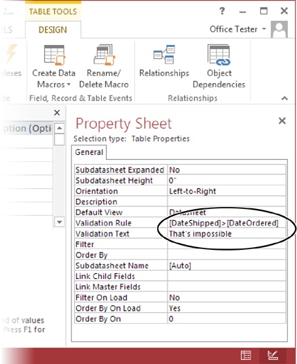 The Property Sheet shows some information about the entire table, including any sorting (page 104) and filtering settings (page 107) you’ve applied to the datasheet, and the table validation rule. Here, the validation rule prevents orders from being shipped before they’re ordered.