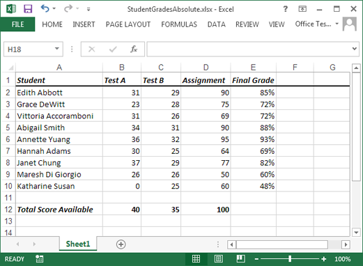 This spreadsheet lists nine students, each of whom has two test scores and an assignment grade. Using Excel formulas, itâs easy to calculate the final grade for each student. And with a little more effort, you can calculate averages and medians, and determine each studentâs rank in the class. Chapter 8 looks at how to perform these calculations.