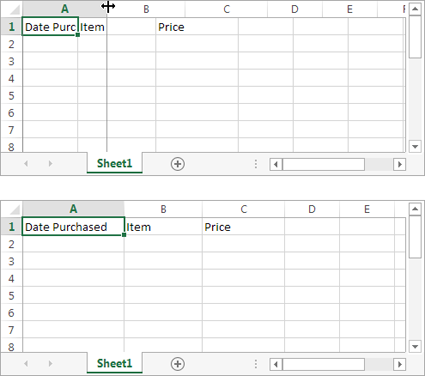 Top: The standard width of an Excel column is 8.43 characters, which hardly allows you to get a word in edgewise. Hereâs how to give yourself some more room. First, position your mouse on the right border of the column header you want to expand so that the mouse pointer changes to the resize icon (it looks like a double-headed arrow). Now drag the column border to the right as far as you want. As you drag, a tooltip appears, telling you the character size and pixel width of the column. Both of these pieces of information play the same roleâthey tell you how wide the column is. Only the unit of measurement changes.Bottom: When you release the mouse, Excel resizes the entire column of cells to the new width.