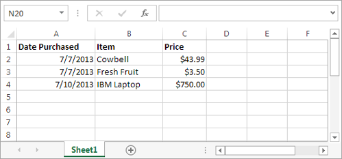 This rudimentary expense list has three items in it (in rows 2, 3, and 4). By default, Excel aligns the items in a column according to their data type. It aligns numbers and dates on the right, and text on the left.