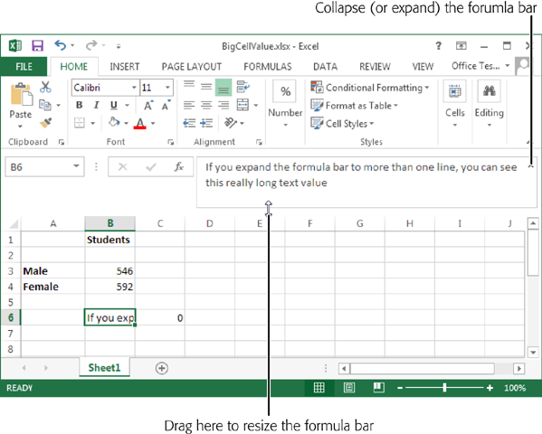 To enlarge the formula bar, click the bottom edge and pull down. You can make it two, three, four, or many more lines large. Best of all, once you get the size you want, you can use the expand/collapse button to the right of the formula bar to quickly expand it to your preferred size and collapse it back to the single-line view.