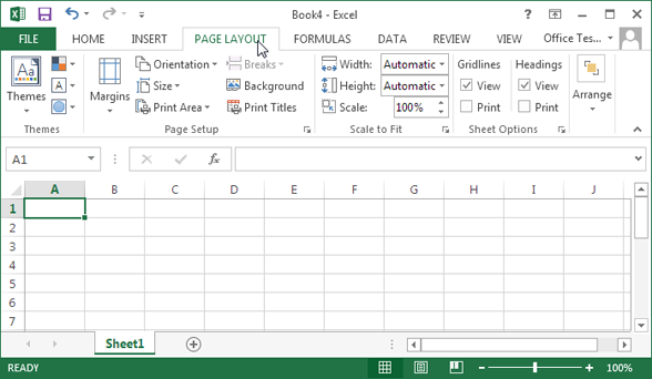 When you launch Excel, you start at the Home tab. But hereâs what happens when you click the Page Layout tab. Now, you have a slew of options for tasks like adjusting paper size and making a decent printout. Excel groups the buttons within a tab into smaller sections for clearer organization.