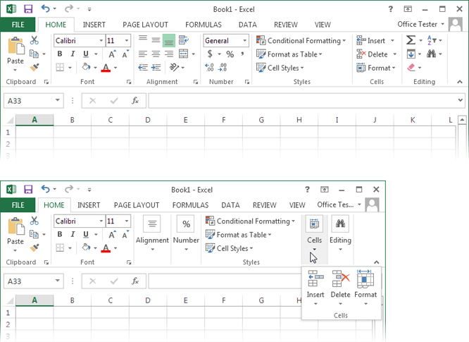 Top: A large Excel window gives you plenty of room to play. The ribbon uses the space effectively, making the most important buttons bigger.Bottom: When you shrink the Excel window, the ribbon shrinks some buttons or hides their text to make room. Shrink small enough, and Excel starts to replace cramped sections with a single button, like the Alignment, Cells, and Editing sections shown here. Click the button and the missing commands appear in a drop-down panel.
