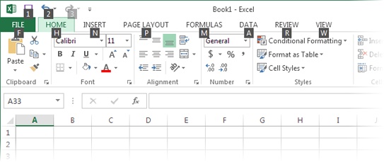 When you press Alt, Excel displays KeyTips next to every tab, over the File menu, and over the buttons in the Quick Access toolbar. If you follow up with M (for the Formulas tab), youâll see letters next to every command in that tab, as shown in Figure 1-11.