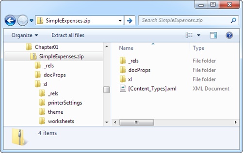 Inside every .xlsx file lurks a number of compressed files, each with different information. For example, separate files store printer settings, text styles, the name of the person who created the document, the composition of your workbook, and the individual worksheets themselves.