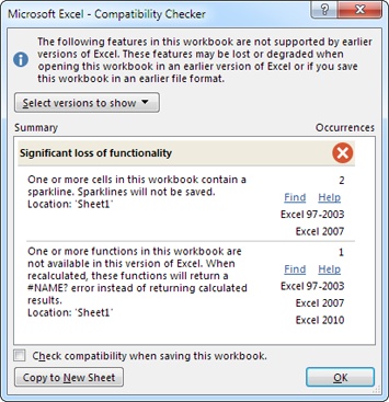 In this example, the Compatibility Checker found two potential problems. The first affects people using Excel 2007 or older, while the other affects people using Excel 2010 or older.