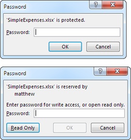 Top: You can give a spreadsheet two layers of protection. Assign a âpassword to open,â and youâll see this window when you open the file.Bottom: If you assign a âpassword to modify,â youâll see the choices in this window. If you use both passwords, youâll see both windows, one after the other.