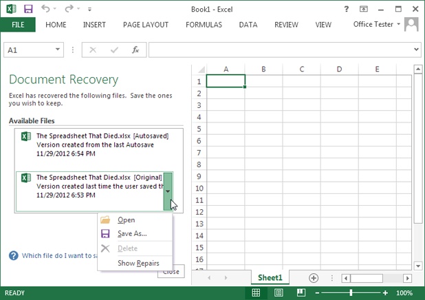 You can save or open an AutoRecover backup just as you would an ordinary Excel file; simply click the item in the list. Once you deal with all the backup files, close the Document Recovery window by clicking the Close button. If you havenât saved the backup, Excel asks you whether you want to save it permanently or delete it.