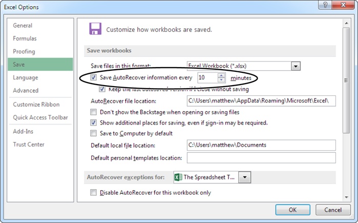 You can configure how often AutoRecover backs up your files. Thereâs really no danger in being too frequent. Unless you work with extremely complex or large spreadsheetsâwhich might suck up a lot of computing power and take a long time to saveâyou can set Excel to save a document every 5 minutes with no appreciable slowdown in performance.