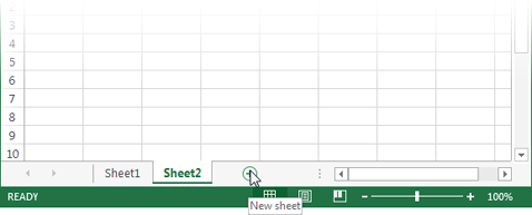 Every time you click the âNew sheetâ button, Excel inserts a new worksheet after the existing one and assigns it a new name. For example, if your workbook has a single worksheet, named Sheet1, Excel adds a new worksheet namedâyou guessed itâSheet2.