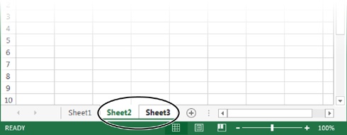 In this example, you grouped Sheet2 and Sheet3. When you group worksheets, their tab colors change from gray to white. Also, in workbooks with groups, the title bar of the Excel window includes the word [Group] at the end of the file name.