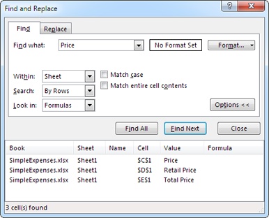 In the example shown here, the search for âPriceâ matched three cells in the worksheet. The list shows you the matching cellâs complete text and cell reference number (for example, $C$1 is a reference to cell C1).