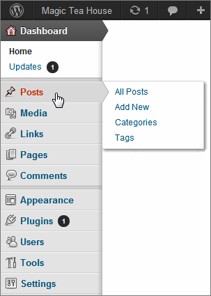 WordPress’s menu packs a lot of features into a small strip of web-page real estate. Initially, all you see is the first level of menu headings. But hover over one of the items, and a submenu appears. (The exception is Comments, which doesn’t have a submenu. You just click it to review comments.)