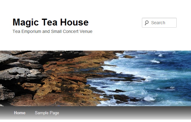 The header includes the title of the site and the tag line. The title (in this case, “Magic Tea House”) is shown in a large font. The tag line, a one-sentence description (“Tea Emporium and Small Concert Venue”), sits underneath.