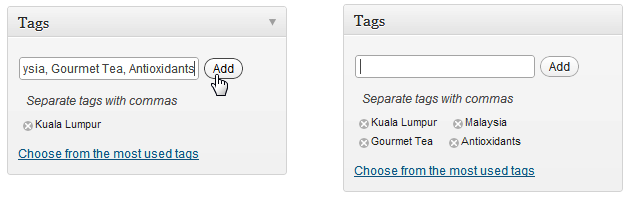Left: Right now, this post has one tag, Kuala Lumpur. It’s about to get three more. Right: Now the post has four tags. If you change your mind, you can remove a tag by clicking the tiny X icon that appears next to it.