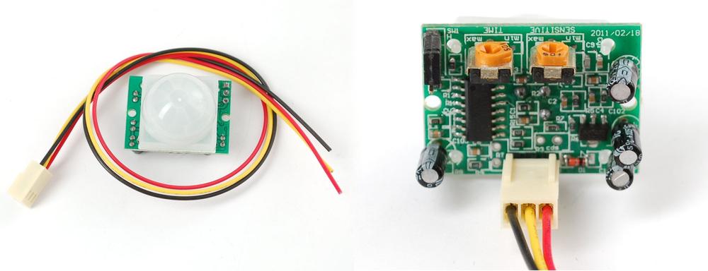 A typical PIR sensor, front (left) and rear (right) with connector and potentiometers to adjust the sample rate and sensitivity of the sensor
