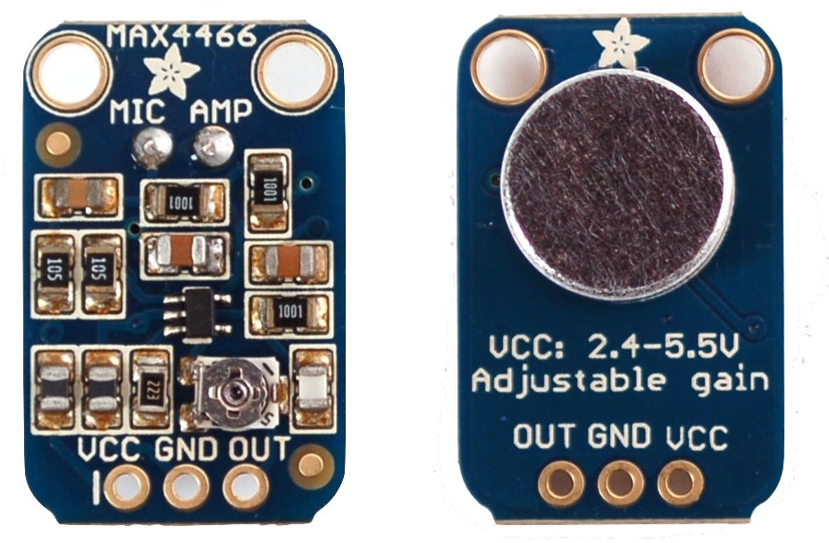 The Adafruit Electret Microphone Amplifier back with potentiometer (left) and front with the transducer (right)