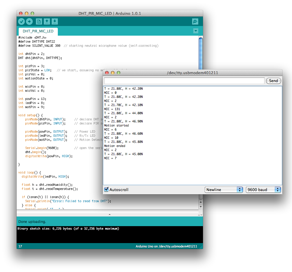 The Arduino should now also report noise levels in the serial console