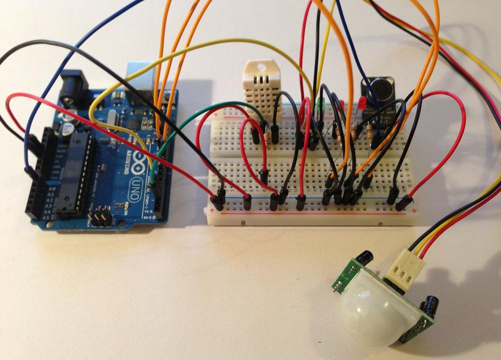 The Arduino and breadboarded sensors with some added LEDs