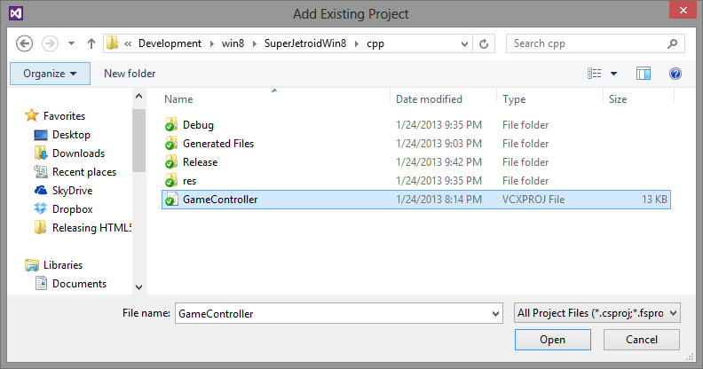 Navigate to where you put the GameController project to add it into your game’s project solution.