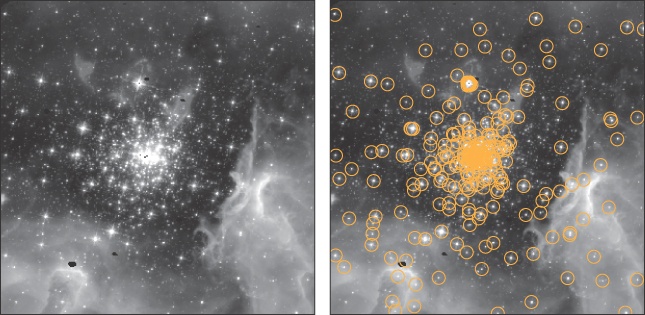 Stars (orange circles) in a Hubble Space Telescope image of a stellar cluster, identified using the is_local_maximum function