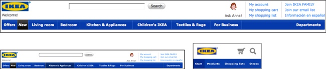 The Ikea desktop site (at the top) is the same as what you see on an iPad (bottom left), while the iPhone gets a special mobile website (bottom right).