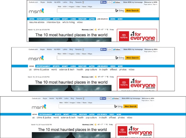 The fixed-width MSN site is the same width on any size screen, leaving whitespace on each side when the screen is wider than the site.