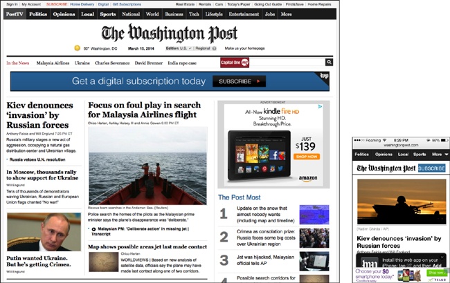 The desktop version and the mobile version of The Washington Post website.