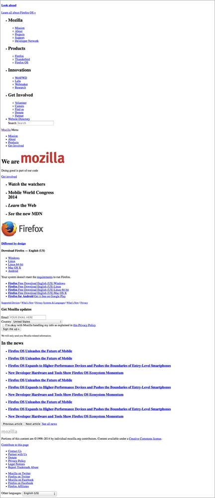 The Mozilla website displayed without any CSS applied to the page.