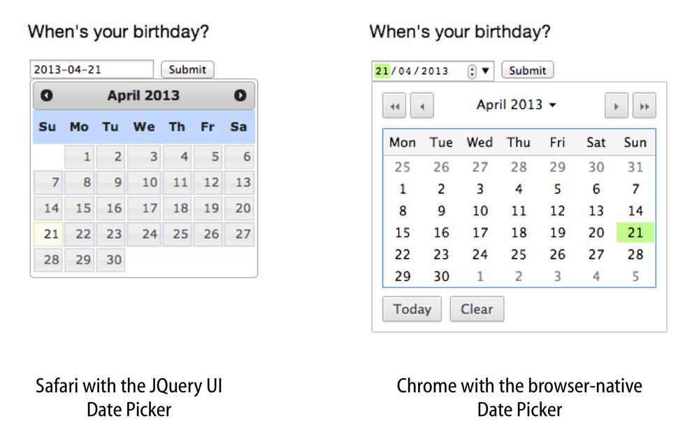 An input field with the jQuery UI date picker attached, compared to the browser-native date picker in Chrome