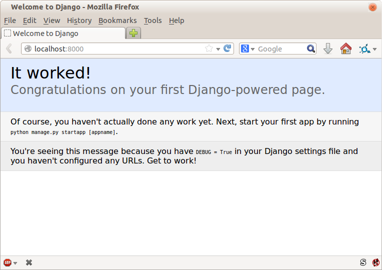 Screenshot of Django “It Worked” screen