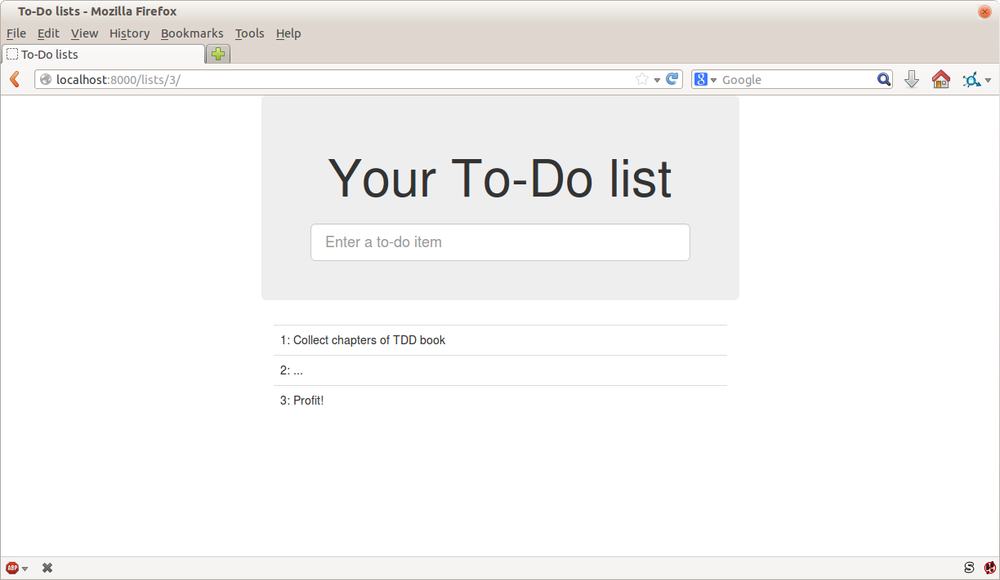 Screenshot of lists page with big styling