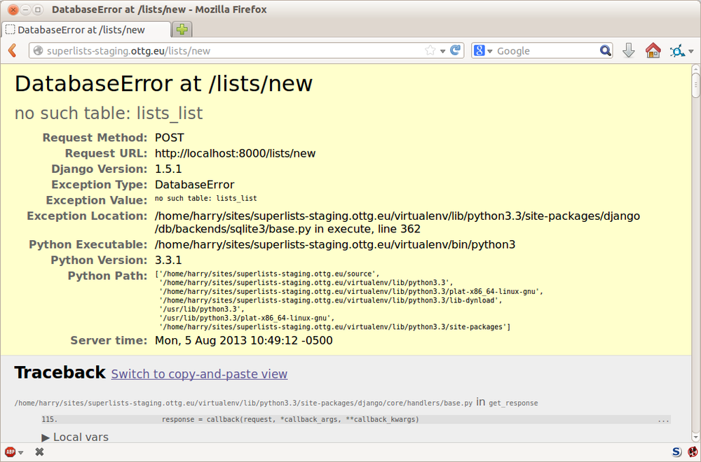 Django DEBUG page showing database error