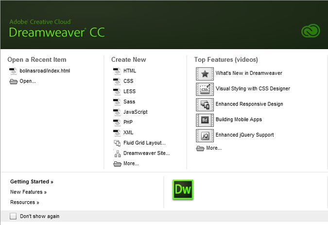 Dreamweaver’s Welcome screen lets you open existing Dreamweaver files, create new ones, and learn more about the program. It disappears as soon as you open a web page. If you don’t have any use for this window, turn on the “Don’t show again” checkbox in the lower-left corner.