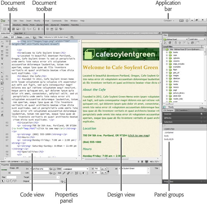 Dreamweaver lets you view your documents several ways. Split view, shown here, displays HTML code on the left and a visual preview of the current page on the right. If you prefer to see how your page looks as you add and delete elements, click the Design button in the Document toolbar; that hides the HTML view and brings the preview page full-screen. To switch among open documents, click one of the tabs immediately above the Document toolbar.