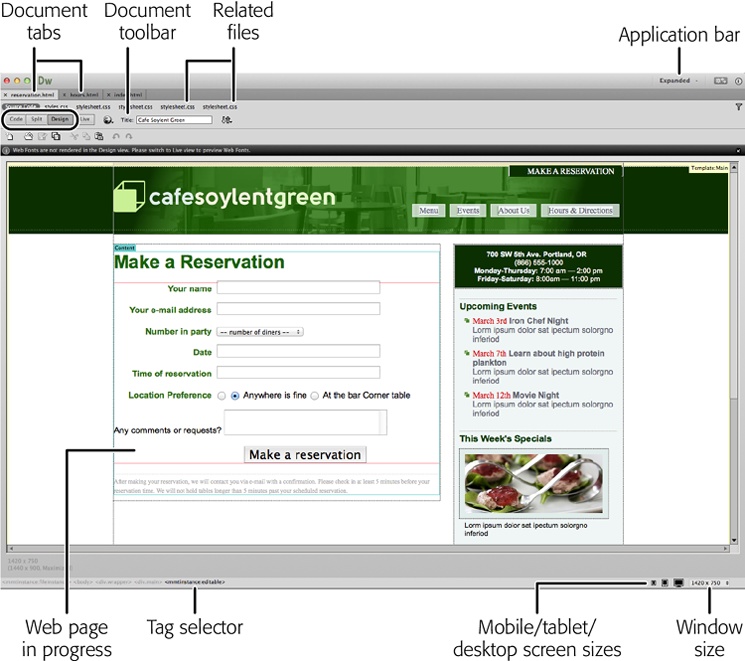 A document window like this represents a web page in progress; here’s where you add text, graphics, and other objects as you build the page. Useful widgets and document information surround the window. For example, you can instruct Dreamweaver to display the current document at different widths and heights so you can simulate what the page will look like in different size browsers, like those on mobile phones, tablets, and desktop computers. The window size setting lets you see the page as it would appear on different-size monitors.