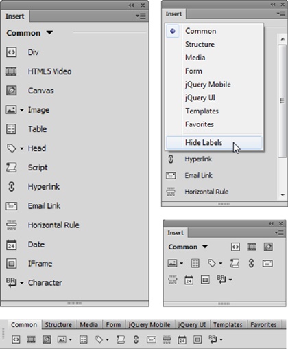 The Insert panel offers several drop-down menus that let you select the type of page element you want to add, in categories like Common (pictured here), Structure, Media, and so on. You can see that the list of elements—which has both icons and labels—take up a lot of real estate. Fortunately, you can display the Insert panel more compactly by hiding the labels. When you choose Hide Labels from the list of Insert categories (middle), Dreamweaver displays the icons side by side in rows, taking up a lot less space (top-right). Finally, you can turn the Insert panel into an Insert bar that appears above the document window instead of grouped with the right-hand panels; this space-saving option is a favorite among many web developers (bottom). To get the Insert toolbar, drag the Insert panel by its tab into position above the document tabs. Release the mouse button when you see a blue bar.