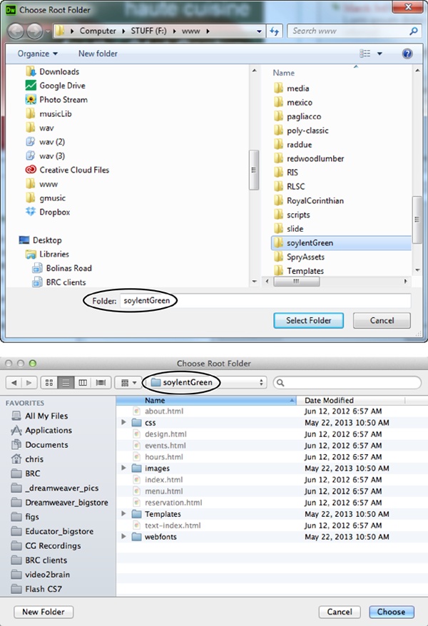 The dialog box for selecting a folder in Windows (top) is pretty much the same as that for Macs (bottom). You can verify which folder you’re about to select by looking in the Folder field on Windows PCs (circled, top) or in the path menu on Macs (circled, bottom).