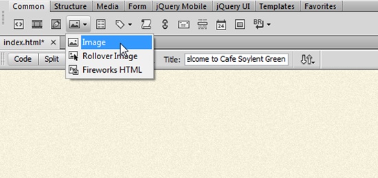 Some of the buttons on Dreamweaver’s Insert toolbar do double duty as menus (the ones with the small, black, down-pointing arrows). Once you select an option from the menu (in this case, the Image object), it becomes the button’s current setting. If you want to insert the same type of object again, you don’t need to use the menu—just click the button.