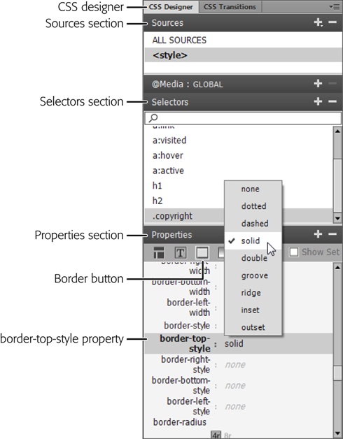 You’ll often work in the CSS Designer panel from the top down, selecting from the sections Sources, Selectors, and Properties. Here, you’ve selected the <style> in the Sources section and the .copyright class in the Selectors section, and you’re in the process of setting the border-style property.