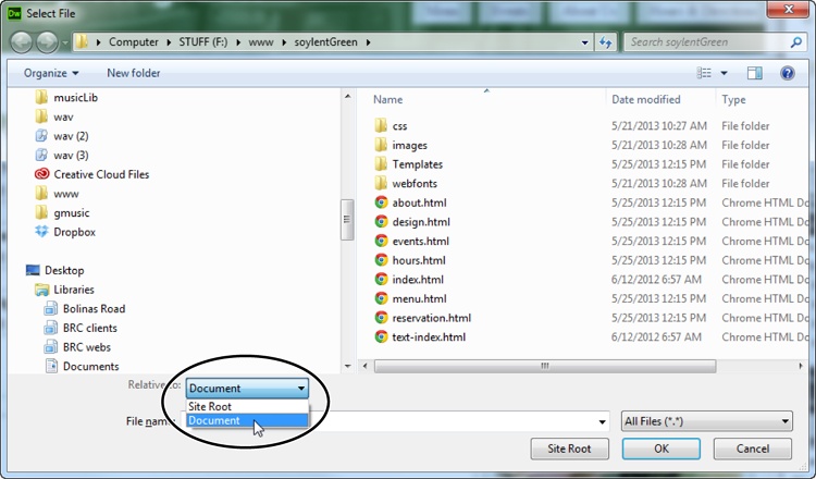 In Windows, use the Select File dialog box to identify a link’s target file. When you initially set up a site, you can tell Dreamweaver whether to use document- or root-relative links. Later, if you find the need to temporarily switch to a different type of link (to a root-relative link if you set up your site to use document-relative links, for example), use the “Relative to” drop-down menu (circled).